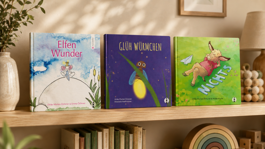 Layout von drei Kinderbüchern im Regal