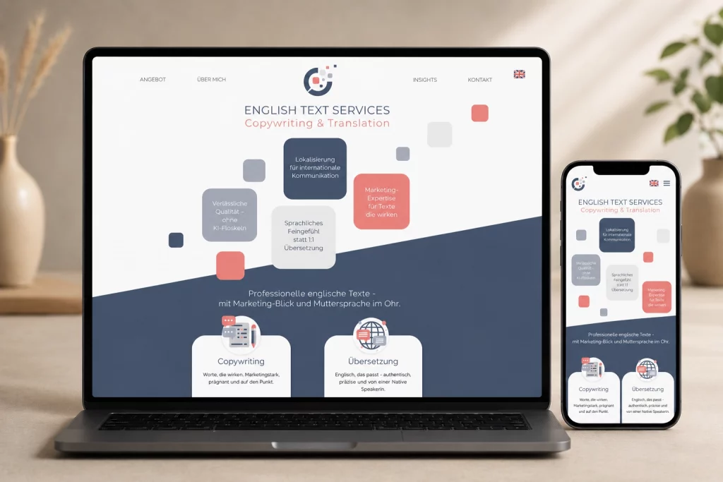 Webdesign Übersetzungsdienstleistug als Mockup auf Laptop und Smartphone