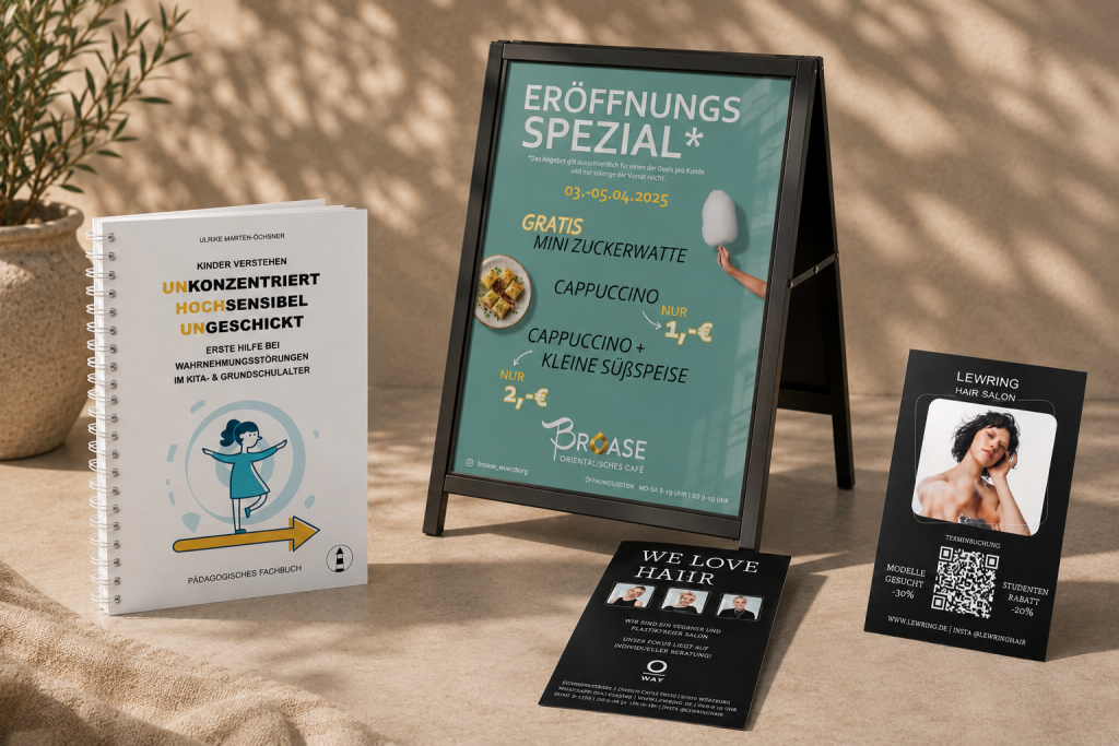 Druckprodukte Workbook, Kundenstopper Plakat, Flyer Overview