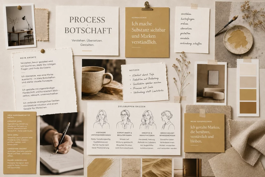 Moodboard zur Webseite mit Zielgruppe, Botschaft und Markenfarben